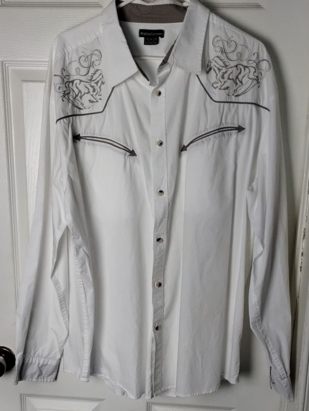 Atlas For Men White Western Style Shirt W/Grey Horse With Embroidered Pocket.3x/